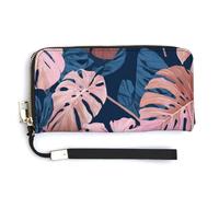 Jubonexis Grand portefeuille Monstera en cuir synthétique à deux volets, porte-monnaie, carte de crédit, porte-cartes et argent bleu foncé
