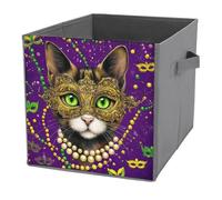 Jubonexis Green Eyes Cat portant un masque doré Cubes de rangement pliables en tissu décoratif avec poignées pour étagères, placards, 27 x 27 cm