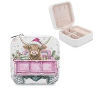Jubonexis Happy Highland Cow Petite boîte à bijoux vintage en cuir PU avec camion rose