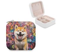 Jubonexis Happy Shiba Inu Graffiti Petite boîte à bijoux Organisateur de bijoux Portable en cuir PU Mini étui à bijoux de voyage