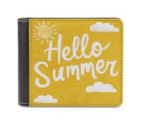Jubonexis Hello Summer on Yellow with Sun Clouds Portefeuille en cuir PU souple à deux volets, porte-monnaie, carte de crédit, porte-cartes durable pour homme et femme