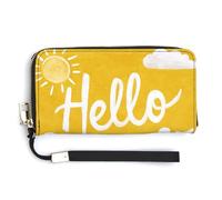 Jubonexis Hello Summer on Yellow with Sun Clouds Portefeuille long en cuir PU à deux volets, porte-monnaie, carte de crédit, porte-cartes et argent pour homme et femme