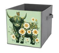 Jubonexis Highland Cow Spring Daisy Cubes de rangement pliables en tissu décoratif avec poignées pour étagères, placards, 27 x 27 cm