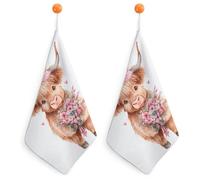 Jubonexis Highland Vache tenant un bouquet de fleurs, petite serviette à main avec boucle de suspension, 2 pièces absorbantes et douces pour cuisine et salle de bain