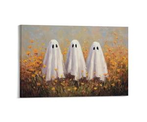 Jubonexis Impression sur toile avec trois fantômes mignons dans un champ de fleurs sauvages, impression sur toile, image esthétique pour salon, ferme, décoration sans cadre, 30 x 45 cm