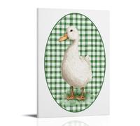 Jubonexis Impression sur toile murale mignonne canard blanc dans un vert ovale à carreaux - Impression sur toile décorative pour salon et ferme - 30 x 45 cm - Cadre
