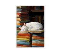 Jubonexis Impression sur toile représentant un chat blanc endormi sur un livre ouvert - Impression sur toile pour salon, ferme, décoration murale - 30 x 45 cm - Sans cadre