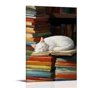 Jubonexis Impression sur toile représentant un chat blanc endormi sur un livre ouvert - Impression sur toile pour salon, ferme, décoration murale - 30 x 45 cm - Cadre