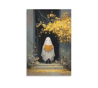 Jubonexis Impression sur toile représentant un fantôme mignon qui lit un arbre jaune, impression sur toile, image esthétique pour salon, ferme, décoration sans cadre, 30 x 45 cm