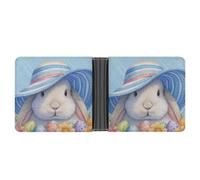 Jubonexis Joli lapin de Pâques portant un chapeau rayé bleu en cuir PU souple portefeuille à deux volets, porte-monnaie, carte de crédit, portefeuille fin durable pour hommes et femmes