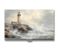 Jubonexis Lighthouse on The Rocky Coastline Porte-cartes de visite vintage en métal pour homme et femme