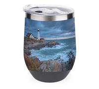Jubonexis Lighthouse on The Rocky Coastline Verre à vin isotherme en acier inoxydable à double paroi avec couvercle 355 ml