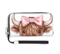 Jubonexis Little Highland Bull avec nœud rose en cuir PU long portefeuille à deux volets, porte-monnaie, carte de crédit, porte-cartes et argent pour homme et femme