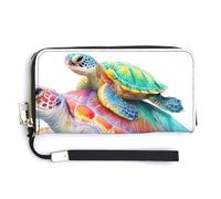 Jubonexis Little Turtle Riding on The Back Pochette en cuir PU pour adulte Motif tortue de mer Longue pochette portefeuille à deux volets Porte-monnaie Carte de crédit Stockage d'argent Durable pour