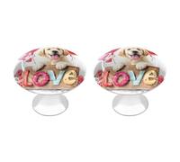 Jubonexis Lot de 2 boutons de tiroir ronds en bois avec vis - Motif chiot heureux tenant un signe d'amour - Décoration pour armoire, bureau, cuisine