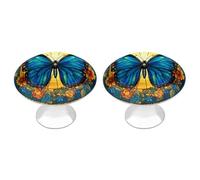 Jubonexis Lot de 2 boutons de tiroir ronds en verre teinté bleu avec ailes ouvertes avec vis pour armoire, placard, maison, bureau, cuisine