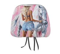 Jubonexis Lot de 2 housses d'appui-tête de voiture imprimées avec motif cheval blanc, cowgirl blonde et fille, élastique et confortable pour homme et femme, s'adapte à la plupart des voitures