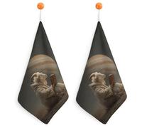 Jubonexis Lot de 2 petites serviettes absorbantes et douces avec boucle de suspension pour cuisine et salle de bain Motif chèvre Reading A Book Under The Planet