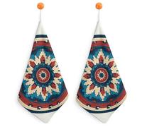 Jubonexis Lot de 2 petites serviettes de toilette douces et absorbantes avec boucle de suspension pour cuisine et salle de bain - Motif de tissage indigène - Rouge et bleu