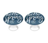 Jubonexis Lot de 2 poignées de tiroir rondes avec vis et inscription Hello Spring sur fond bleu pour armoire, placard, maison, bureau, cuisine