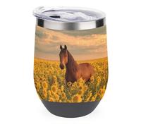 Jubonexis Majestic Brown Horse in Sunflower Field Verre à vin isotherme en acier inoxydable à double paroi avec couvercle 355 ml