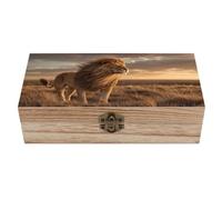 Jubonexis Majestic Lion Open Grassland Boîte de rangement en bois avec couvercle à charnière et fermoir à l'avant Grande boîte à souvenirs