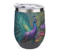 Jubonexis Majestic Peacock Verre à vin isotherme en acier inoxydable à double paroi avec couvercle 355 ml