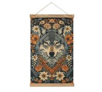 Jubonexis Majestic Wolf Peinture sur toile avec cadre en bois Motif fleurs tribales Décoration murale