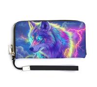 Jubonexis Majestic Wolf Portefeuille long à deux volets en cuir synthétique avec yeux lumineux fluo pour pièces de monnaie, carte de crédit, rangement de l'argent pour homme et femme