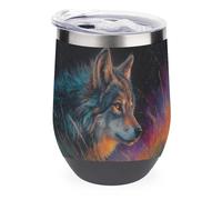 Jubonexis Majestic Wolf Verre à vin isotherme en acier inoxydable à double paroi avec couvercle 355 ml
