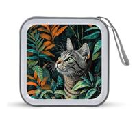 Jubonexis Mallette de rangement portable pour CD, DVD et chat gris rayé, plantes tropicales, pour voiture, maison, voyage