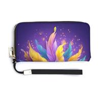 Jubonexis Masque de carnaval de Mardi Gras avec plumes colorées, pochette en cuir PU, portefeuille long à deux volets, porte-monnaie, étui de carte de crédit, porte-cartes durable pour homme et femme