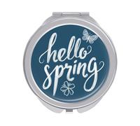 Jubonexis Mignon mots dessinés à la main Hello Spring sur les miroirs de poche bleus pour femmes, filles petit miroir portable de maquillage de voyage