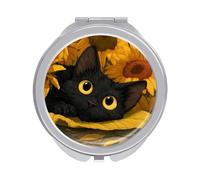 Jubonexis Mini miroir de poche pour femme avec motif chat noir allongé sur tournesol jaune