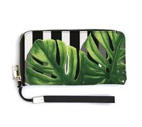 Jubonexis Monstera Portefeuille long à deux volets en cuir synthétique avec motif de feuilles sur fond noir et blanc rayé pour pièces de monnaie, cartes de crédit et argent pour homme et femme
