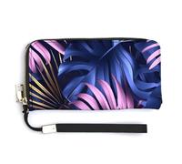 Jubonexis Monstera Portefeuille long à deux volets en cuir synthétique avec motif feuilles de palmier bleu et rose pour pièces de monnaie et carte de crédit pour homme et femme