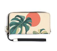 Jubonexis Monstera Portefeuille long à deux volets en cuir synthétique avec motif plante du soleil et carte de crédit pour homme et femme