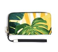 Jubonexis Monstera Portefeuille long à deux volets en cuir synthétique avec motif plante verte et jaune pour cartes de crédit pour homme et femme