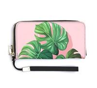 Jubonexis Monstera Portefeuille long à deux volets en cuir synthétique rose avec motif feuilles sur une carte de crédit durable pour homme et femme