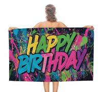 Jubonexis Mots colorés graffiti « Happy Birthday » - Serviette de plage abstraite en microfibre anti-sable - Grande serviette de douche multi-usages absorbante pour salle de bain et piscine - 130 x 80