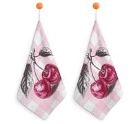 Jubonexis One Cherry on Pink and White Checkered Small Hand Towel with Hanging Loop 2 PCS Absorbants Soft Wash Cloth for Kitchen Bathroom