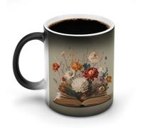 Jubonexis Open Book avec fleurs automnales changeant de couleur, tasse à café en céramique à changement de chaleur, tasse à café fantaisie drôle tasse à thé, eau 325 ml