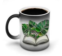 Jubonexis Open Book with Lush Monstera Plant Leaves Mug à changement de couleur en céramique Tasse à café fantaisie amusante pour thé et eau 325 ml