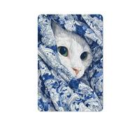 Jubonexis Panneau en métal avec motif chat blanc aux yeux verts sur couverture bleue et blanche - Décoration murale amusante pour bar, pub, club, café, chambre - Blanc - 30 x 20 cm