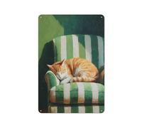 Jubonexis Panneau en métal motif chat orange endormi sur un fauteuil rayé - Décoration murale pour bar, pub, club, café, chambre - Blanc - 30 x 20 cm