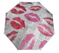 Jubonexis Parapluie pliable à 3 plis avec imprimé baisers rouges et roses sur papier journal, parapluie de voyage résistant et léger pour le soleil et la pluie