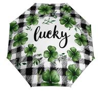 Jubonexis Parapluie pliable à 3 plis pour la Saint-Patrick - Motif trèfles à carreaux avec inscription « Lucky » - Coupe-vent - Solide et léger - Pour l'extérieur, le soleil et la pluie