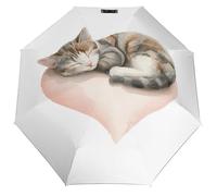 Jubonexis Parapluie pliable en forme de chat endormi sur un coussin en forme de cœur - 3 plis - Coupe-vent - Solide et léger - Pour l'extérieur, le soleil et la pluie