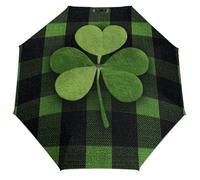 Jubonexis Parapluie pliant 3 plis pour la Saint-Patrick - Motif trèfle sur carreaux noirs et verts - Coupe-vent - Solide et léger - Pour l'extérieur, le soleil et la pluie