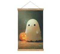 Jubonexis Peinture sur toile citrouille d'Halloween fantôme blanc lumineux avec cadre en bois à suspendre